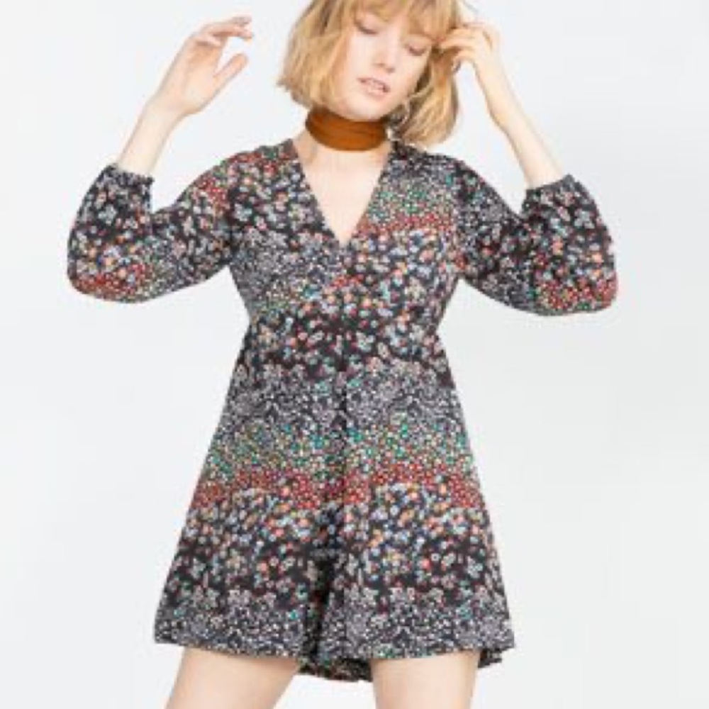 Zara V Neck Multicolor Long Sleeve Boho Romper Medium - Picture 4 of 12